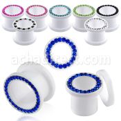afem white acrylic screwfit flesh tunnel with color crystal