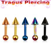 bbert36 anodized 316l steel tragus barbell w top cone ball