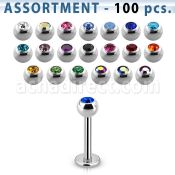 blk05 bulk of 316l steel labrets w 3mm bezel set jewel balls