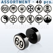blk434 black anodized 316l steel fake plug in assorted designs