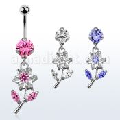 bnrz178 casted steel cz belly banana w cz studded flower design