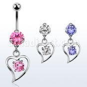 bnrz17 casted steel cz belly banana w round cz inside a heart