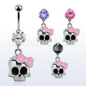 bnrz650 casted steel cz belly banana w skull w a pink ribbon