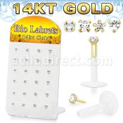 dgbizc bioflex labret w push in 14kt gold top w prong cz
