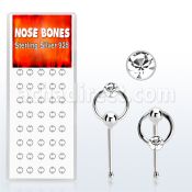 dnbrc1 box of silver nose bones w clear crystal on slave hoop