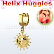 ehg726 gold steel helix huggie w dangling gold colored sun