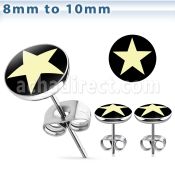 er198 pair of stainless steel ear studs w white star on black