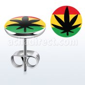 er206 pair of steel earring studs w marijuana on rasta color