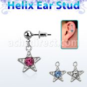 erbd12 316l steel helix ear ball stud w dangling crystal star