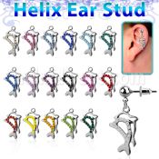 erbd13 316l steel helix ear ball stud w dangling twin dolphin