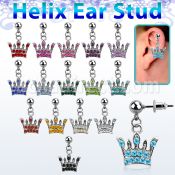 erbd5 316l steel helix ear stud ball w dangling crystal crown