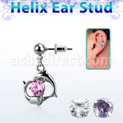 erbz15 316l steel helix ear ball stud w dolphin around a cz