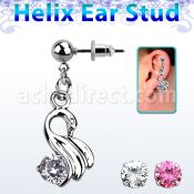 erbz375 316l steel helix ear stud ball with dangling swan w cz