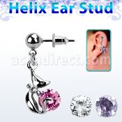 erbz378 316l steel helix ear stud ball with lady cat with cz
