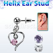 erbz59 316l steel helix ear stud ball with wire heart w cz