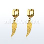 erg584 gold steel huggies earrings w dangling bird wing