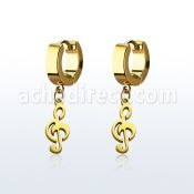 erg709 gold steel huggies earrings w dangling musical note