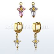 ergz518 gold steel huggies earrings w dangling cross w 4 czs