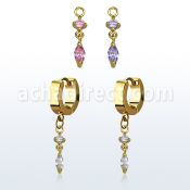 ergz522 gold steel huggies earrings w dangling oval cz