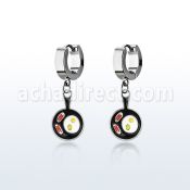 erh646 steel huggies earrings w dangling bacon eggs