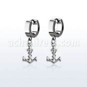 erh699 steel huggies earrings w dangling plain anchor w rope