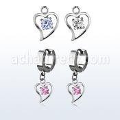 erhz17 steel huggies earrings w round cz inside heart dangling