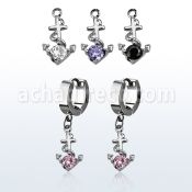 erhz371 steel huggies earrings w dangling anchor w round cz