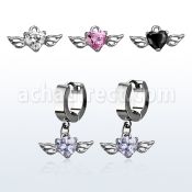 erhz586 steel huggies earrings w dangling heart shaped cz w wing