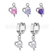 erhz9 steel huggies earrings w dangling heart w a big round cz