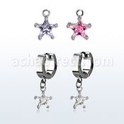 erhzs6 steel huggies earrings w dangling 6mm star shaped cz