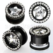 ftszc black 316l steel screwfit tunnel star cz crystal rim