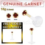 gbige2 bioflex labret with push in 14kt gold w prong garnet