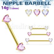 gold steel nipple barbell w prong set heart shaped czs