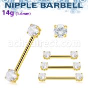 gold steel nipple barbell w prong set round czs