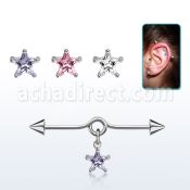 incndzs6 steel industrial loop barbell w a dangling 6mm star cz