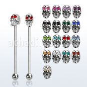 indsh23 316l steel industrial barbell w skull w crystal eyes