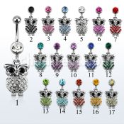 mcd441 316l steel belly banana with dangling crystal owl