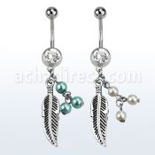 mcd601 steel belly banana w dangling feather pearls