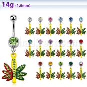 mcd619 316l steel belly banana w jewel ball dangling marijuana leaf