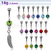 mcd638 316l steel belly banana w bezel ball dangling feather