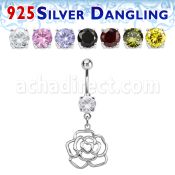 mcdvd10 steel cz belly banana w dangling silver rose