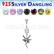 mcdvd12 316l steel cz belly banana w dangling silver fairy
