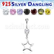 mcdvd8 316l steel cz belly banana w dangling silver star
