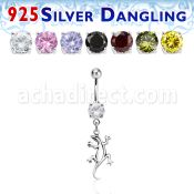 mcdvd9 316l steel cz belly banana w dangling silver lizard