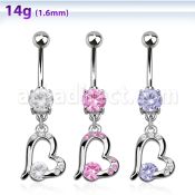 mcdz362 316l steel belly banana w dangling heart w cz stone