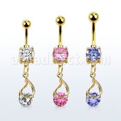 mdgz416 gold cz belly banana w dangling snap fit round cz 