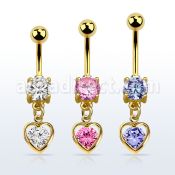 mdgz419 gold cz belly banana w dangling heart w cz center