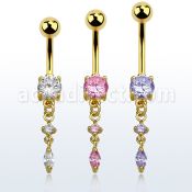 mdgz522 gold anodized belly banana w a dangling oval shaped cz