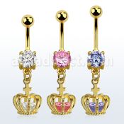 mdgz590 gold steel belly banana w cz dangling crown w cz
