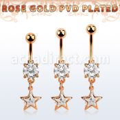 mdrz414 rose gold steel belly banana w dangling star shape w cz